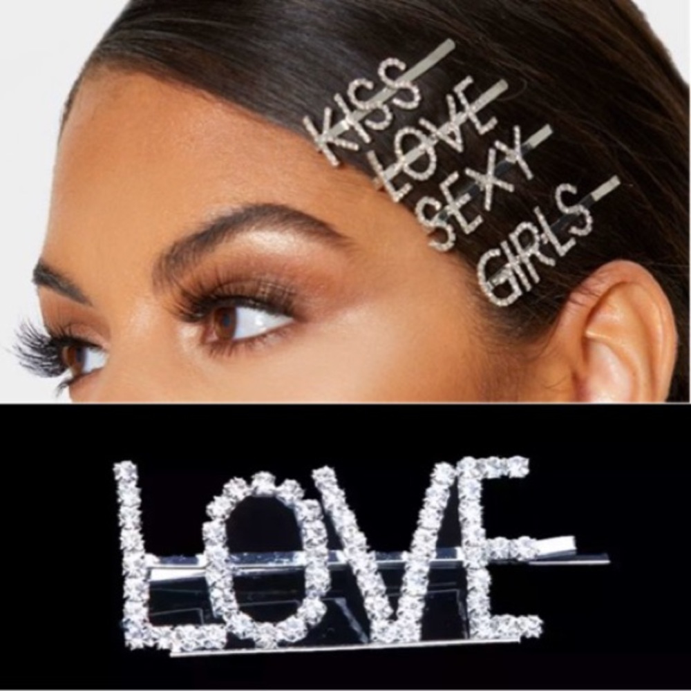 Love / Word Rhinestone Silver Hair Bobby Pin